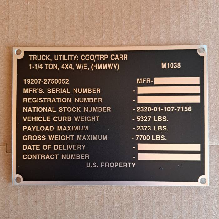 Plate Identification M1038 12340867