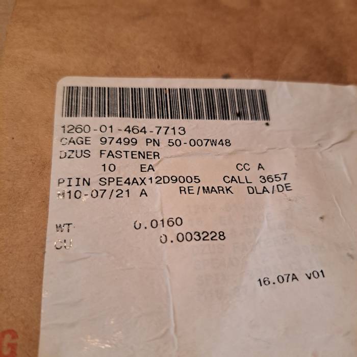 50-007W48 Dzus Fasteners 1260-01-464-7713